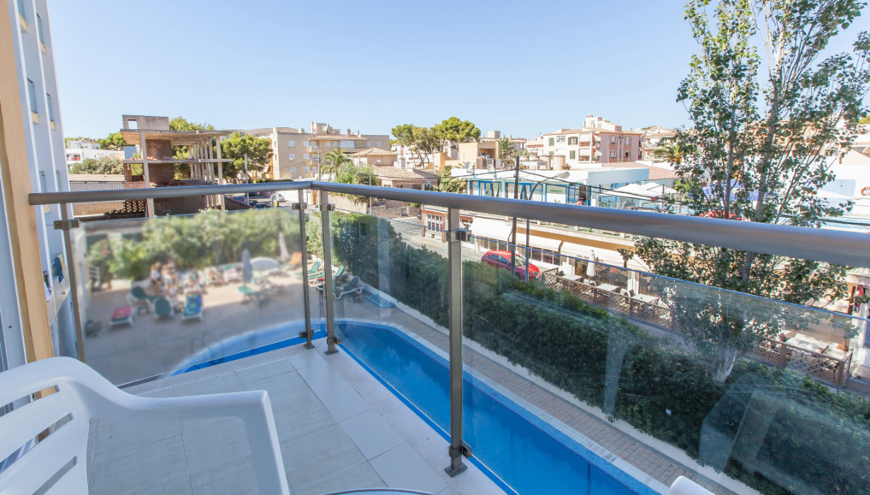 Views of the swimming pool from one of the rooms of the Bella Mar Hotel.